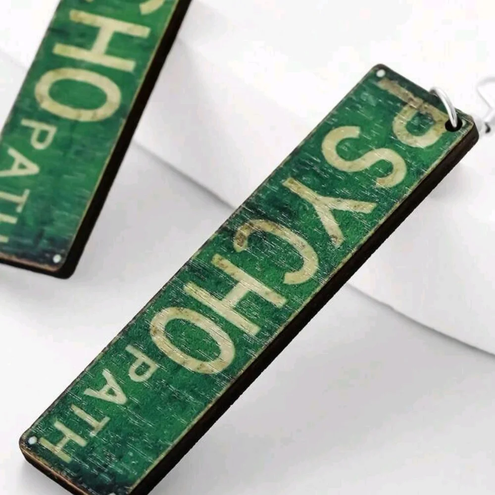 Green 'PSYCHO PATH' Horror Funny Graphic Wood Rectangular Dangle  Earrings New!